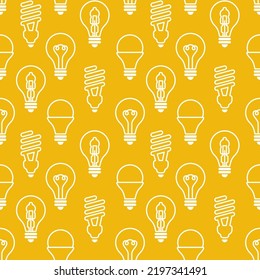 Seamless pattern with different light bulbs. Vector modern line pattern with different lamps on yellow background