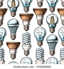 Seamless pattern with different lightbulb. Vector illustration background in ink hand drawn style on white background.  