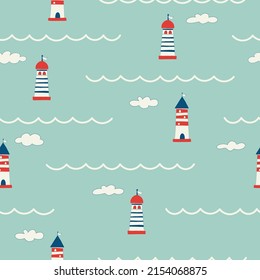 Seamless pattern with different lighthouses drawn with contour lines. Background with towers for marine navigation. illustration for wrapping paper, fabric print, wallpaper. Sea. Ocean.