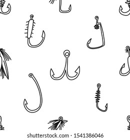 Seamless pattern different look fishing hook. Single double hooks fishing, rest fresh air small river fishing rod. Drawn art stele black outline white background, sport tourism fishing.