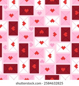 Seamless pattern with different love letters for Valentines Day. Hand drawn vector illustration in pixel style for wrapping paper, textile, fabric.