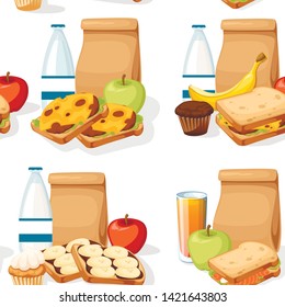 Seamless pattern of different lunches with paper bags sandwiches drinks and fruits. Recycle brown paper bag. Flat vector illustration on white background