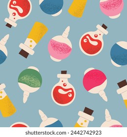 Seamless pattern with different magical potions, hand drawn vector illustration