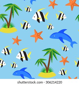 Seamless pattern with different marina creatures