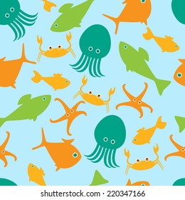 Seamless pattern with different marine inhabitants. Ideal for wrapping paper, wallpaper, gift boxes, other packing elements
