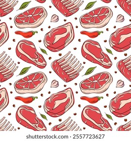 Seamless pattern with different meat cut steak, rib and chop in a flat style. Perfect for food packaging, background, butcher shop design and restaurant menu.