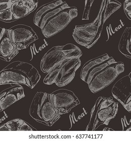 Seamless pattern with different meat products. Vector poster with a in a sketch style