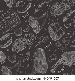Seamless pattern with different meat products. Vector illustration for your design