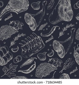 Seamless pattern with different meat products on black background