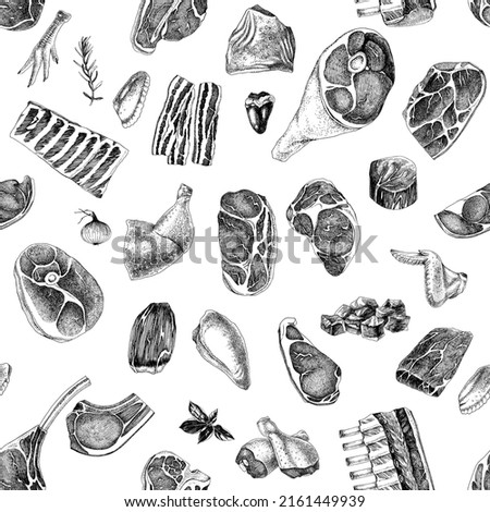 Seamless pattern with different meat products