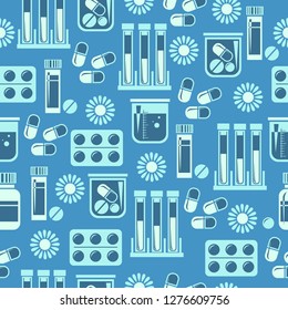 Seamless pattern with different medical pills, bottles and blood sample tubes. Design element for wrapping paper, wallpaper and fabric. Vector illustration in flat style.
