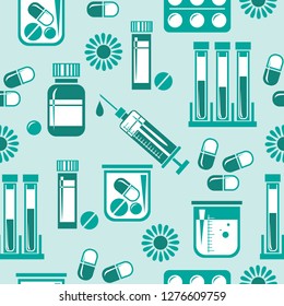 Seamless pattern with different medical pills, bottles, syringe and blood sample tubes. Design element for wrapping paper, wallpaper and fabric. Vector illustration in flat style.