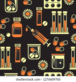 Seamless pattern with different medical pills, bottles, syringe and blood sample tubes. Design element for wrapping paper, wallpaper and fabric. Vector illustration in flat style.