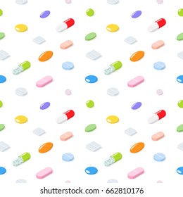 Seamless pattern of different medical pills, tablets, capsules. Medical background. Isometric vector illustration