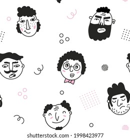 Seamless pattern of different men faces, avatars isolated on white background. Vector illustration for card, party, design, flyer, poster, decor, banner, web, advertising. 