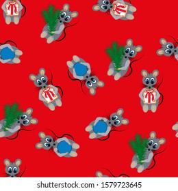 Seamless pattern of different mice with a fir branch, a gift and a ball on a red background. Stock vector illustration for packaging, wallpaper, web page background, postcard or poster, textile