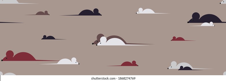 Seamless pattern with different mice. Mouses walk alone and in pairs. Simple endless creamy toned background. Vector illustration.