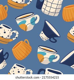 Seamless pattern with different modern cups decorated with design elements vector flat illustration. Set of colored mugs. Vintage cups isolated on white background