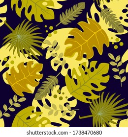 Seamless pattern with different monstera and leaves. blue navy background. Botanical illustration.