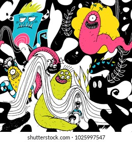Seamless pattern with different monsters, bacteria, germs and aliens.