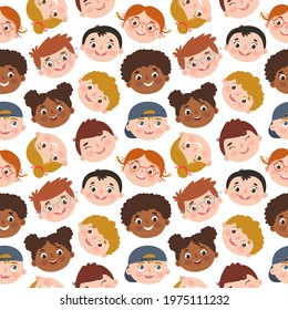 Seamless pattern with different multiracial smiling kids faces. Children's vector faces with different hair and skin colors. Isolated on white background