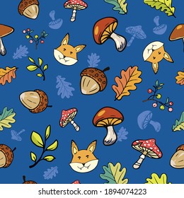Seamless pattern of different mushrooms, berries, acorns, oak leaves and cartoon style fox. Vector design for children.