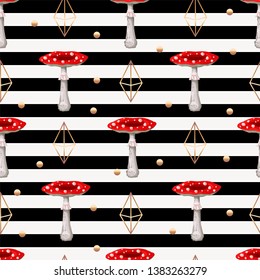 Seamless pattern with different Mushrooms and diamonds . Vector