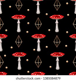 Seamless pattern with different Mushrooms and diamonds . Vector