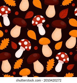 Seamless pattern with different mushrooms, leaves and berries. Autumn forest background. Agaric, boletus, orange leaves.  Flat style vector illustration. Can be used for fabrics, print, wrapping paper