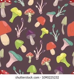 Seamless pattern with different mushrooms on dark background. Colorful, hand drawn. Great for wallpapers, textiles, cards.