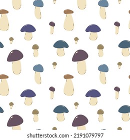 Seamless pattern of different mushrooms on a white background in extraordinary palette. For textile, for kids fabric and wrapping paper, background.
