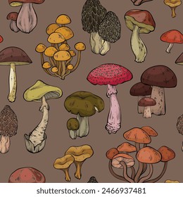 Seamless pattern with different mushrooms on brown background, graphic drawing, cut truffle, porcini mushroom, shiitake and chanterelles isolated. Vector illustration