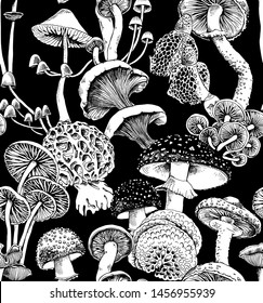 Seamless pattern. Different mushrooms. Textile composition, hand drawn style print. Vector black and white illustration.