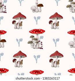 Seamless pattern with different Mushrooms. Vector