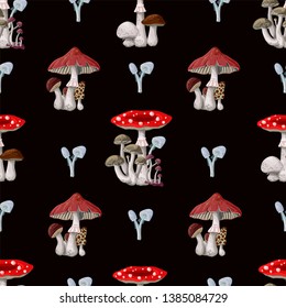 Seamless pattern with different Mushrooms. Vector