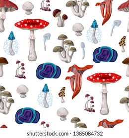 Seamless pattern with different Mushrooms. Vector