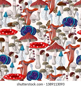 Seamless pattern with different Mushrooms. Vector