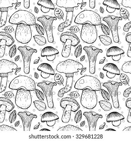 Seamless pattern with different mushrooms. Vector illustration.
