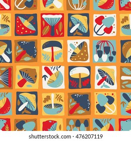 Seamless pattern with different mushrooms. Vector illustration