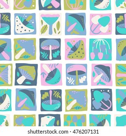 Seamless pattern with different mushrooms. Vector illustration