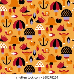 Seamless pattern with different mushrooms. Vector illustration