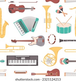 Seamless pattern with different music instruments on white background. Colored flat vector illustration.