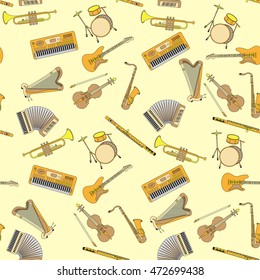 Seamless pattern with different music instruments: synthesizer, drums, accordion, violin, trumpet, harp, drum, saxophone, electric guitar, flute, piano. Vector