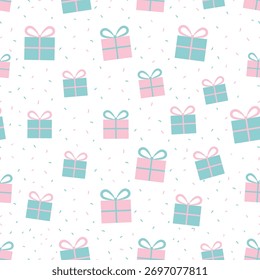 Seamless pattern different New Year, birthday gifts. Stars, dots. Wrapping paper pattern, bows and ribbons. Hand drawn Doodle Christmas, New Year or Birthday gift boxes. Vector illustration. 

