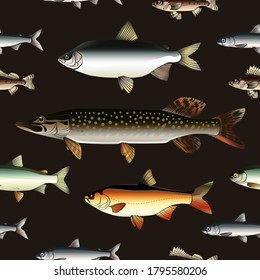 Seamless pattern of different nordic realistic fish on a black background.