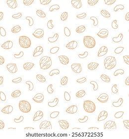 Seamless pattern with different nuts, color outline. Peanut, walnut, hazelnut, pistachio, almond and cashew. Concept of healthy food. Hand drawn sketches, doodle, vector pattern.