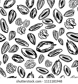 Seamless pattern with different nuts and fruits on the white background on the white background. Cute simple sketch template.