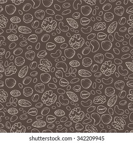 Seamless pattern with different nuts on the dark background. Cute simple linear template with mixed nuts.