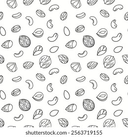 Seamless pattern with different nuts, outline. Peanut, walnut, hazelnut, pistachio, almond and cashew. Concept of healthy food. Hand drawn sketches, doodle, vector pattern.