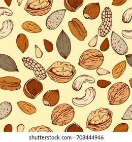 seamless pattern from different nuts in retro styles drawn by hand, sketch